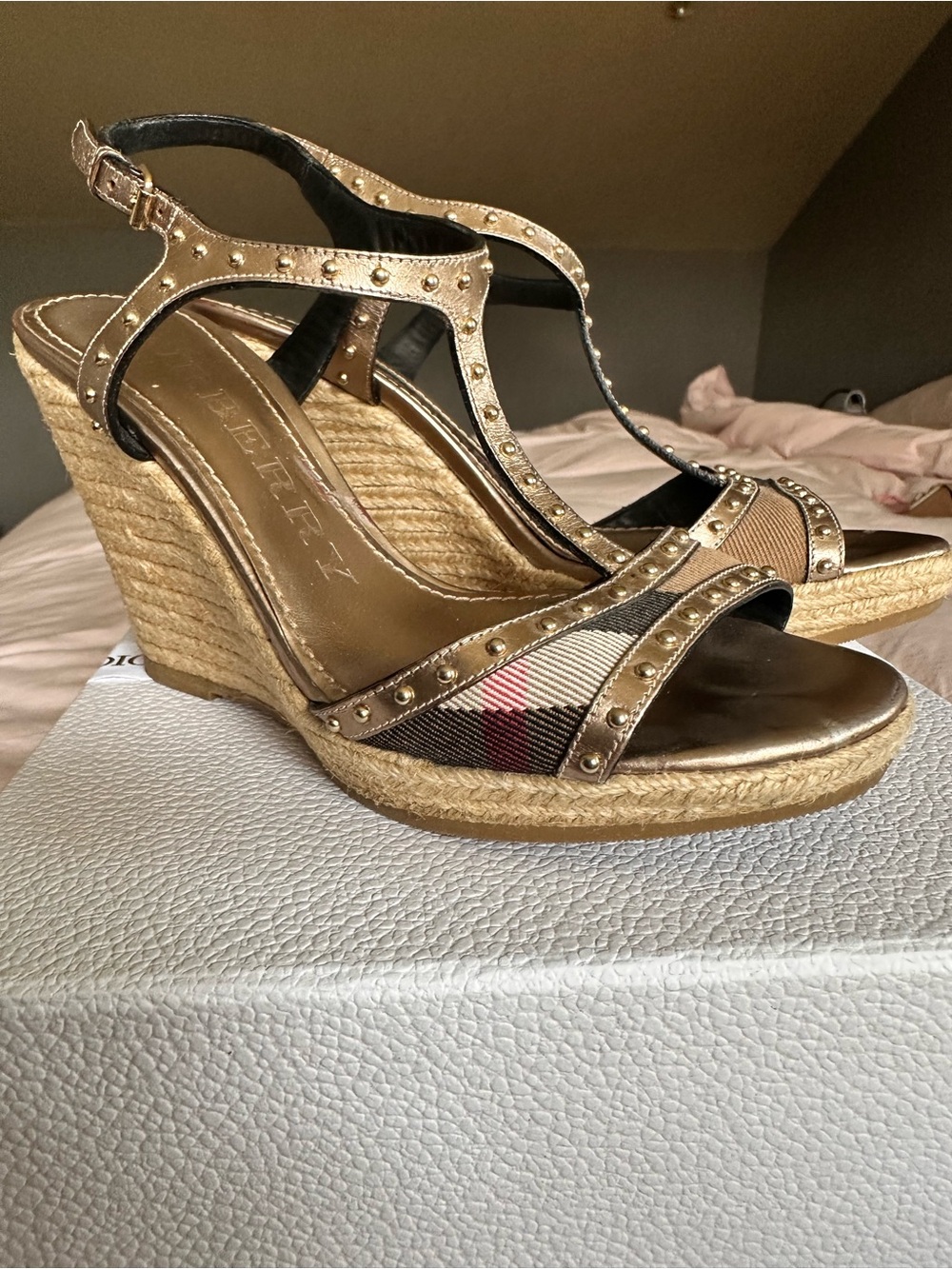 BURBERRY - Metallic Studded Espadrille Wedge Sandals